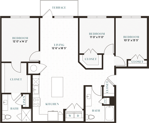 Floor plan for 3 beds, 2 baths, 1348 sqft
